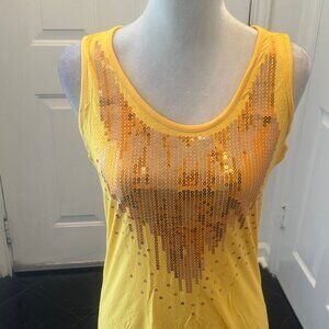 One World Golden Yellow Sequined Soft Stretchy Tunic Tank Women's Medium